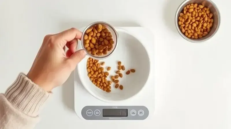 Pessoa medindo a quantidade correta de ração para Pinscher com um copo medidor e balança para garantir a alimentação adequada.