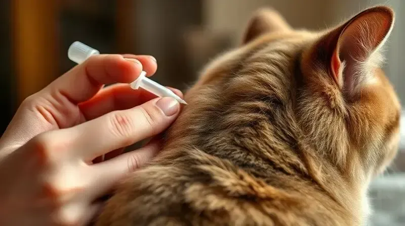 Pessoa aplicando vermífugo spot-on na nuca de um gato calmo, demonstrando o método de aplicação correto e sem estresse.