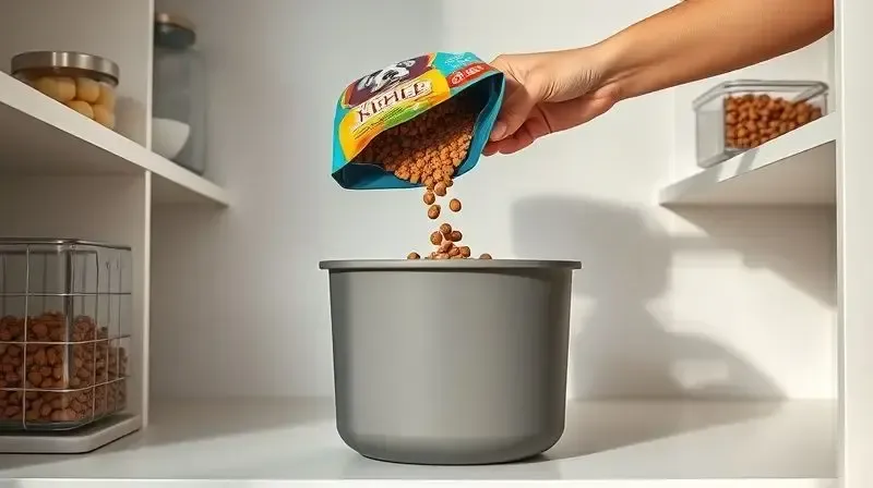 Pessoa armazenando a ração para cães em um recipiente hermético para manter a qualidade e o frescor do alimento.