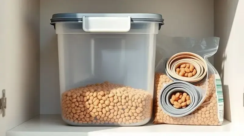 Armazenamento correto da ração em um recipiente hermético e opaco para manter a qualidade e o frescor do alimento.