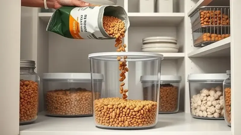 Pessoa guardando a ração de cachorro em um pote de armazenamento hermético para manter o frescor e a qualidade do alimento.