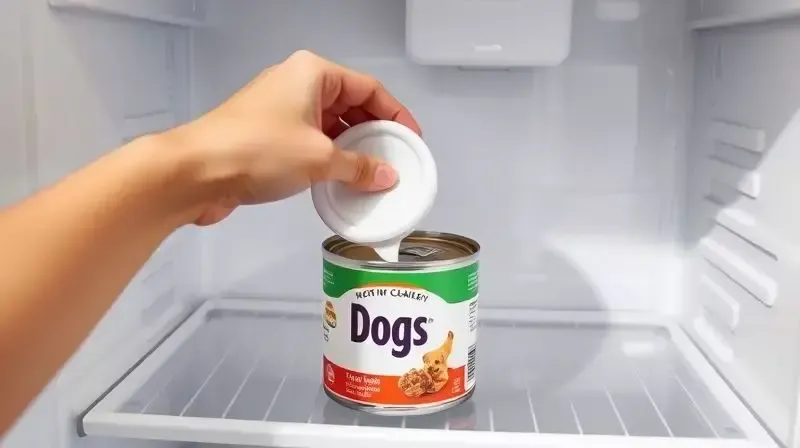 Mão de uma pessoa tampando uma lata de ração úmida aberta para armazenar na geladeira corretamente.