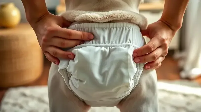 Demonstração de como colocar e ajustar corretamente uma fralda em um cachorro, focando nas mãos que fecham a aba de velcro.