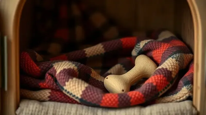 Interior de uma casinha de cachorro com uma manta macia e brinquedo para torná-la mais quente e aconchegante.