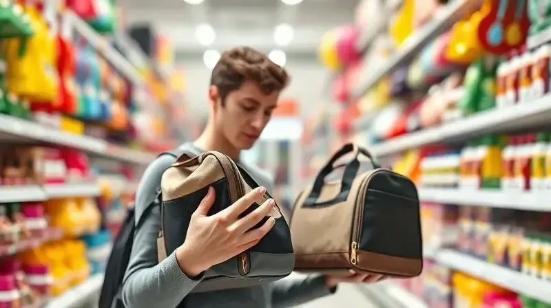 Pessoa analisando e escolhendo a melhor bolsa de transporte para seu pet em uma loja, comparando dois modelos diferentes.