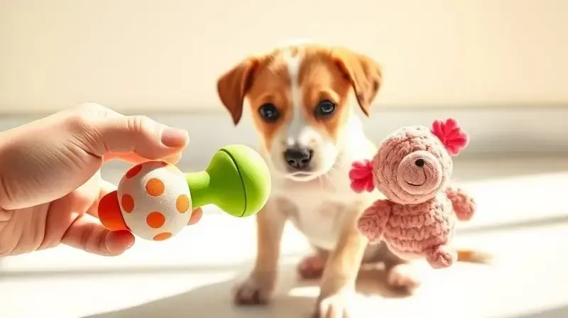 Dona de cachorro oferece dois tipos de brinquedos para um filhote escolher, ilustrando o processo de seleção do item ideal.