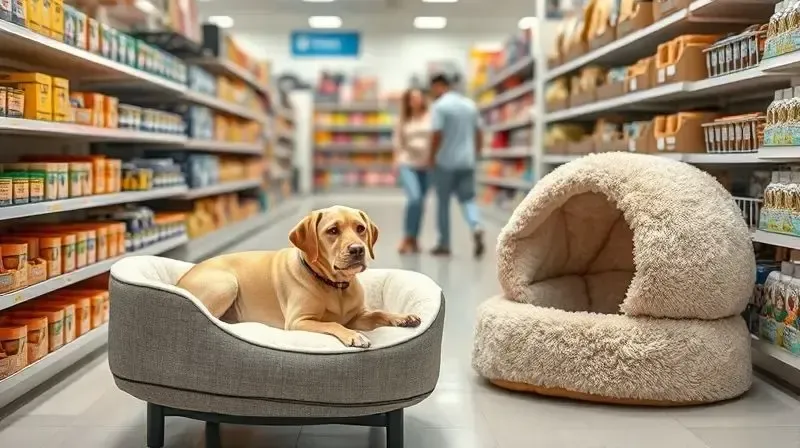 Dono de pet analisando diferentes modelos de caminhas de cachorro para escolher a melhor opção para seu animal de estimação.