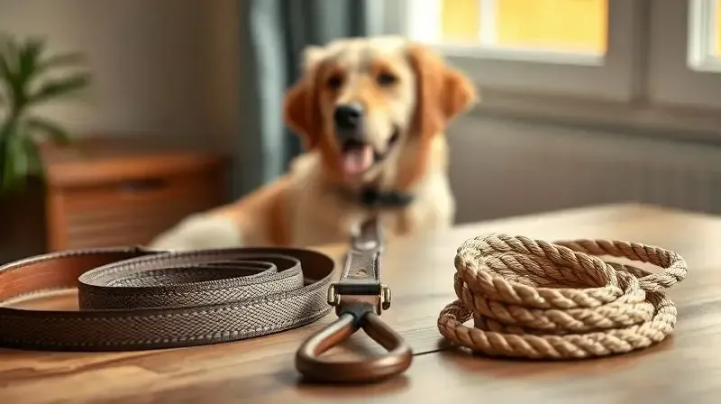 Pessoa analisando diferentes tipos de guia para cachorro sobre uma mesa, com um cão ao fundo, para escolher a guia certa para seu pet.