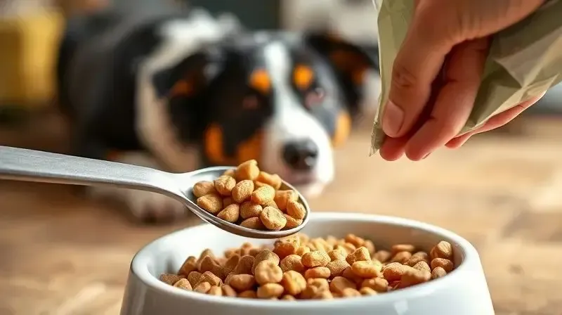 Pessoa escolhendo a melhor ração para seu cão Border Collie, servindo uma porção de ração seca e nutritiva em um comedouro limpo.