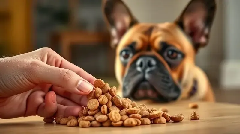 Tutor analisando um grão de ração com um Buldogue Francês ao fundo, simbolizando a escolha da alimentação correta.