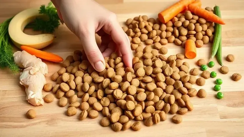 Mão de uma pessoa analisando a qualidade de grãos de ração, com ingredientes frescos ao lado, ilustrando como escolher a ração certa para um Bulldog.