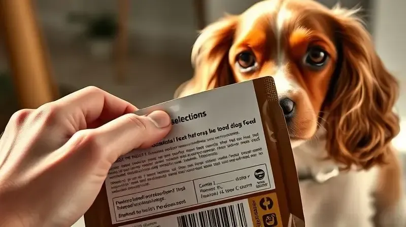 Pessoa lendo o rótulo de um pacote de ração para escolher o melhor alimento para seu cão Cocker Spaniel, que observa ao fundo.