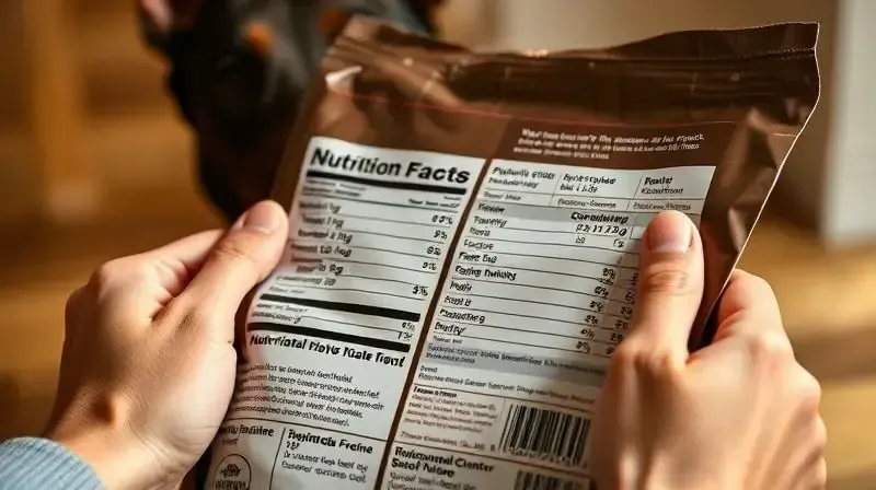 Pessoa analisando o rótulo de um pacote de ração para escolher a melhor opção para seu cão Doberman, focando nos ingredientes.