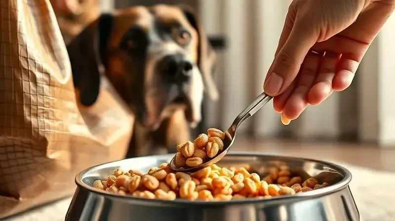 Pessoa escolhendo e servindo a ração ideal para um Dogue Alemão, com foco no grão do alimento sendo colocado na tigela.