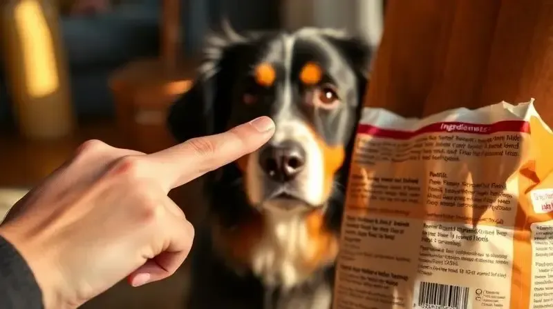 Tutor de um cão Bernese analisando a tabela nutricional no verso de um pacote de ração para escolher a opção ideal para seu pet.