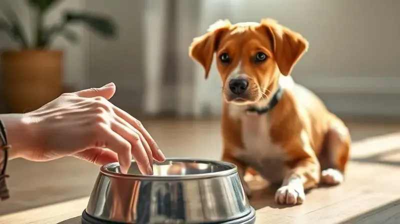 Tutor fazendo carinho em seu cão ao lado da tigela de ração, ilustrando o processo de como escolher a comida ideal para o pet.