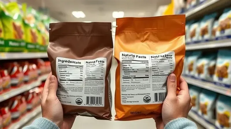 Pessoa comparando o rótulo de ingredientes de dois pacotes de ração natural, focando em como escolher o melhor produto para seu cão.