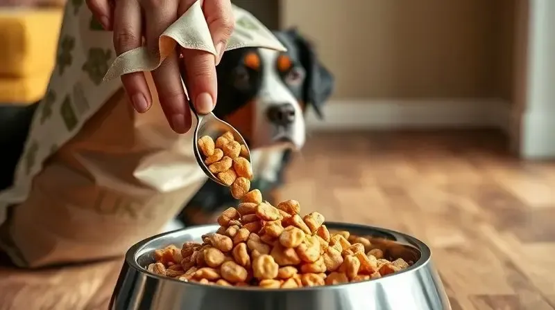 Pessoa escolhendo e servindo a ração ideal para um cão Bernese, com foco na qualidade do alimento.