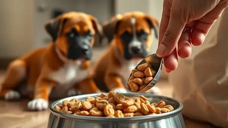 Pessoa escolhendo a ração correta para um cão Boxer, demonstrando a importância da seleção para filhotes e adultos.