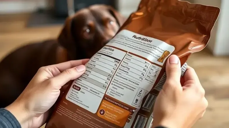 Pessoa analisando o rótulo nutricional de um pacote de ração para escolher a melhor opção para seu cachorro Labrador.