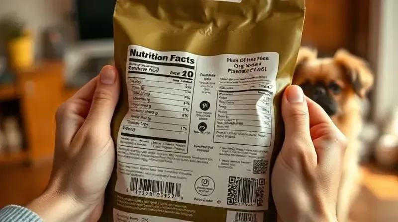 Pessoa lendo o rótulo e a tabela nutricional de um pacote de ração para escolher a melhor opção para seu cão Pequinês.