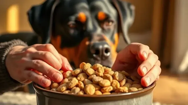 Pessoa analisando a qualidade da ração em uma tigela antes de servir a um cachorro Rottweiler que aguarda ao fundo.