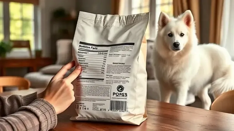 Pessoa analisando o rótulo de um pacote de ração para escolher a melhor opção para seu cão Samoieda.