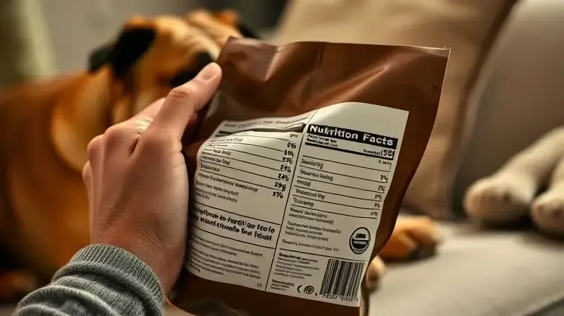 Pessoa lendo o rótulo de informações nutricionais de um saco de ração, com um cão Shar-pei desfocado ao fundo, para escolher a melhor opção.