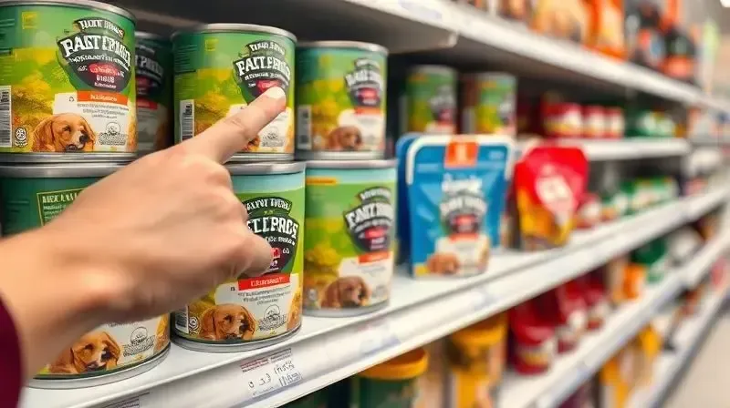Pessoa escolhendo a melhor ração úmida para cães em prateleira de pet shop com diversas opções de latas e sachês.