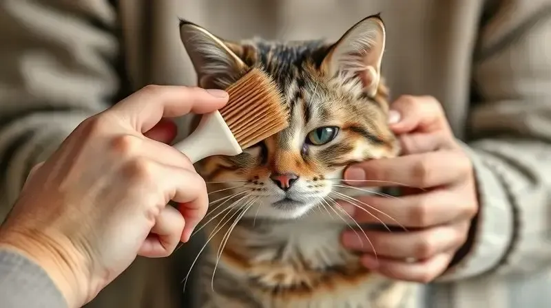 Pessoa escovando um gato de pelo curto com a técnica correta, de forma gentil e calma, para demonstrar como fazer.