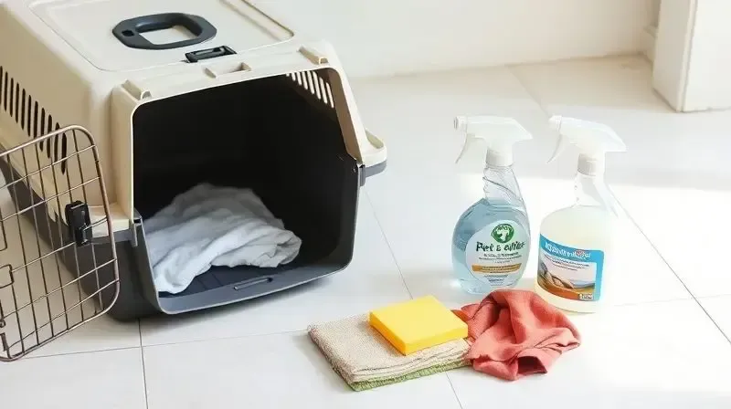 Itens para higienização, como esponja e spray, ao lado de uma caixa de transporte de plástico aberta, demonstrando como limpá-la.