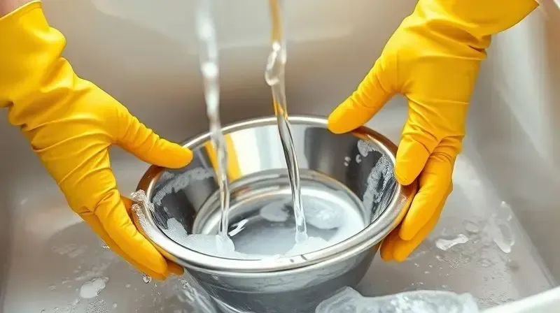Pessoa higienizando um comedouro de inox em uma pia de cozinha, demonstrando a forma correta de como limpar o utensílio.