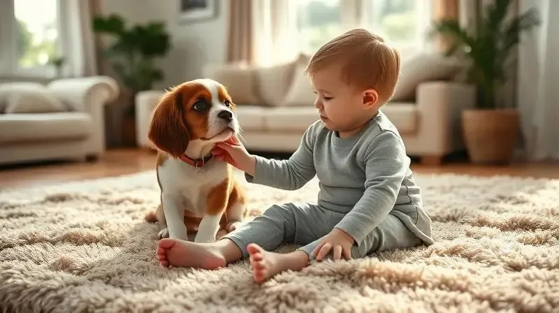 Criança fazendo carinho em um dócil Cavalier King Charles Spaniel, ilustrando o bom comportamento da raça com crianças.
