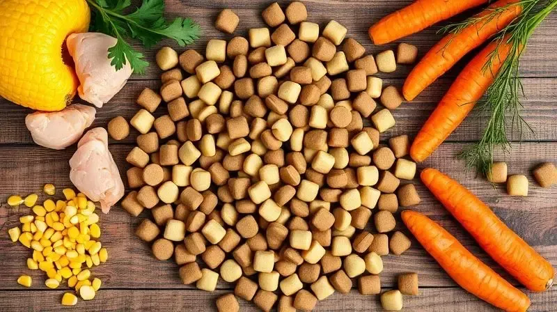 Análise dos ingredientes da ração Pedigree, com grãos de ração ao lado de ingredientes frescos como frango e vegetais, para avaliar sua composição.
