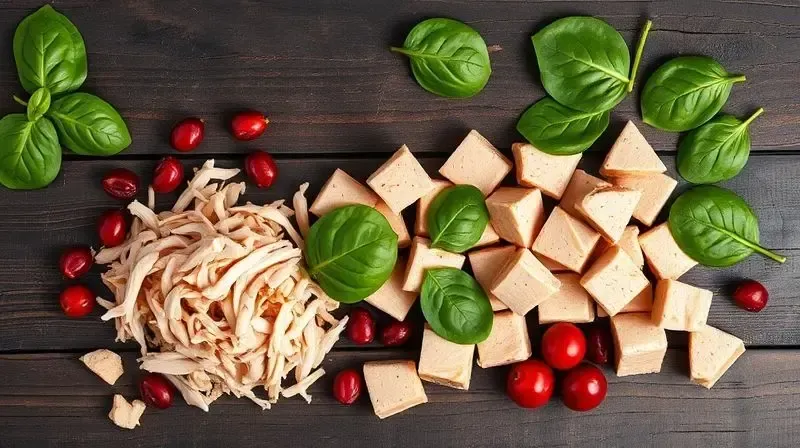 Ingredientes frescos e naturais que compõem a ração Naturalis, como frango, peru e frutas, vistos de cima em uma superfície de madeira.