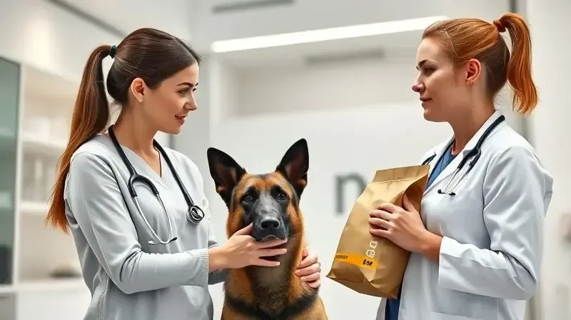 Médica veterinária em consulta com um Pastor Belga Malinois e seu tutor, orientando sobre a melhor escolha de ração.
