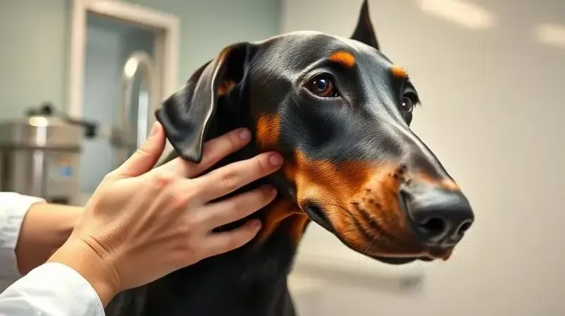 Mãos de um veterinário examinando a pelagem e pele de um Doberman, ilustrando os cuidados essenciais com a saúde da raça.