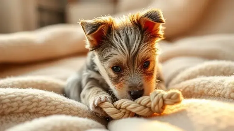 Filhote de West Highland Terrier branco e fofo brincando com um brinquedo seguro em cima de uma manta macia e aconchegante.
