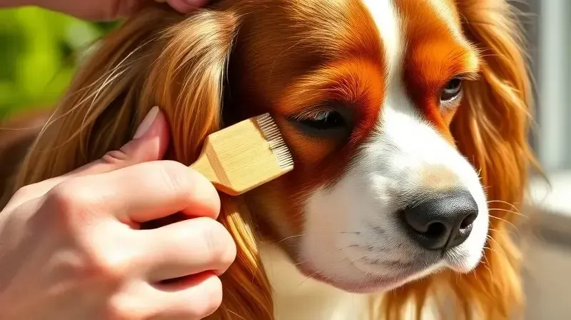 Dono escovando a pelagem sedosa de um cão Cavalier King Charles Spaniel, demonstrando os cuidados essenciais com o pelo.