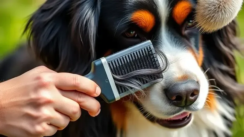 Pessoa escovando a pelagem longa e tricolor de um cão Bernese para manter o pelo saudável e brilhante.