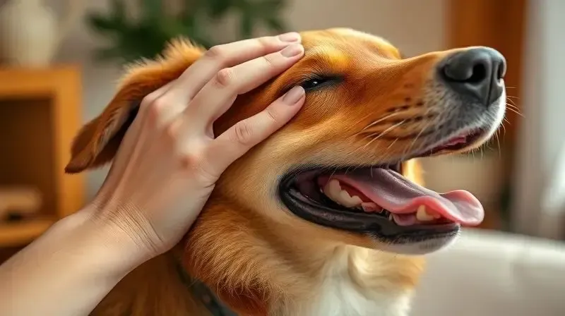 Pessoa fazendo carinho em um cão, tomando cuidado para não tocar na área de aplicação do antiparasitário, como precaução de uso.