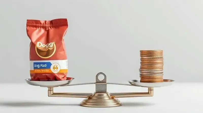 Balança equilibrando um saco de ração de um lado e moedas do outro, representando a análise de custo-benefício e preço da ração.
