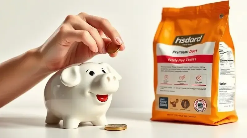 Mãos colocando uma moeda em um cofre em formato de cachorro, simbolizando o bom custo-benefício e o investimento na ração Golden.