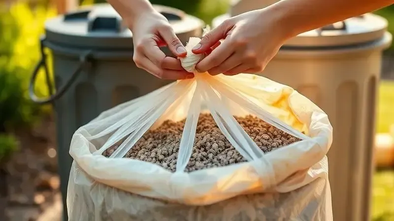 Mãos amarrando um saco de lixo biodegradável com areia de gato usada, ao lado de uma lixeira, demonstrando o descarte correto e higiênico.
