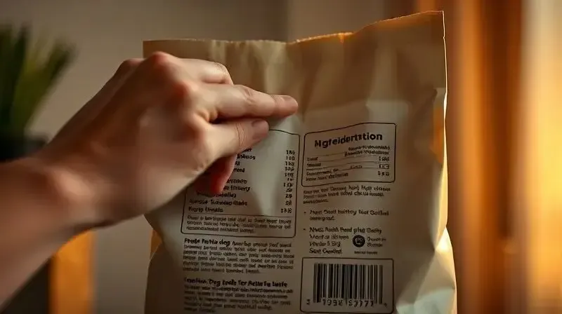 Pessoa analisando com atenção a lista de ingredientes no rótulo de um saco de ração para cães para verificar possíveis desvantagens.