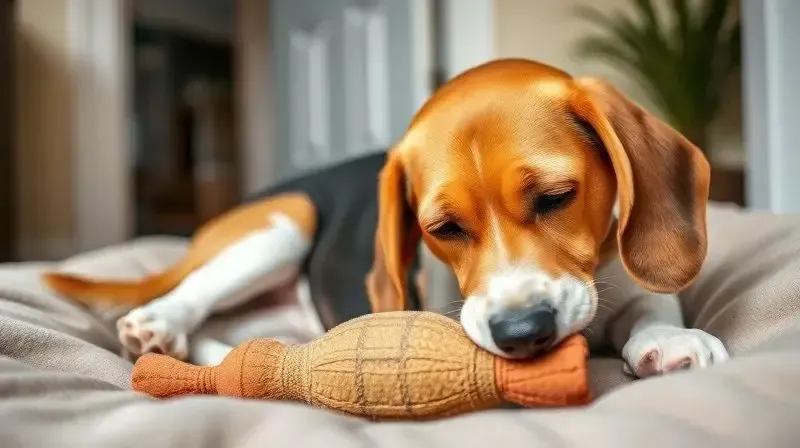 Cão calmo em sua cama com um brinquedo, como dica para reduzir a ansiedade de separação quando o dono sai de casa.