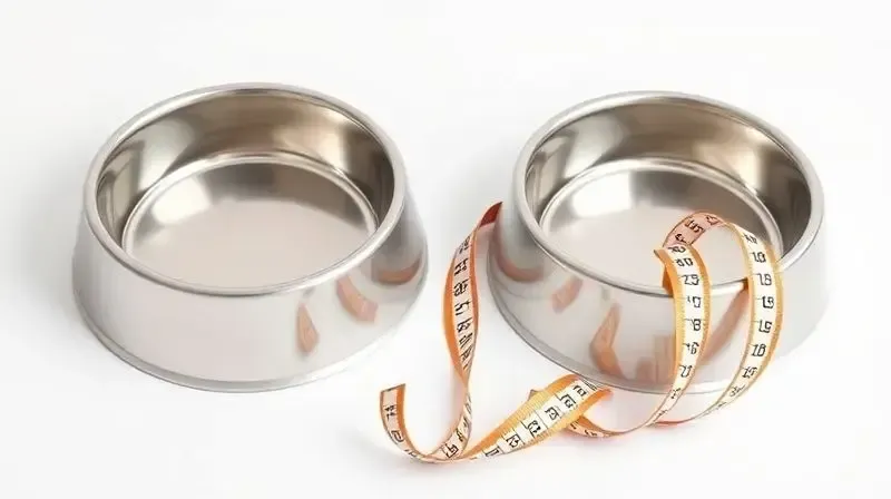 Duas tigelas de cachorro, uma com menos ração e uma fita métrica ao lado, simbolizando a dieta controlada da ração para cães castrados.