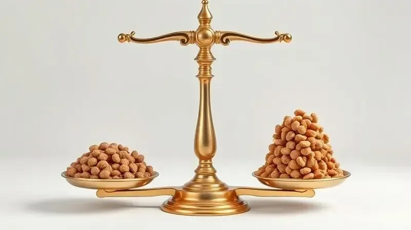 Balança conceitual pesando a ração de gato castrado (mais leve) e a comum (mais pesada), ilustrando o controle calórico.