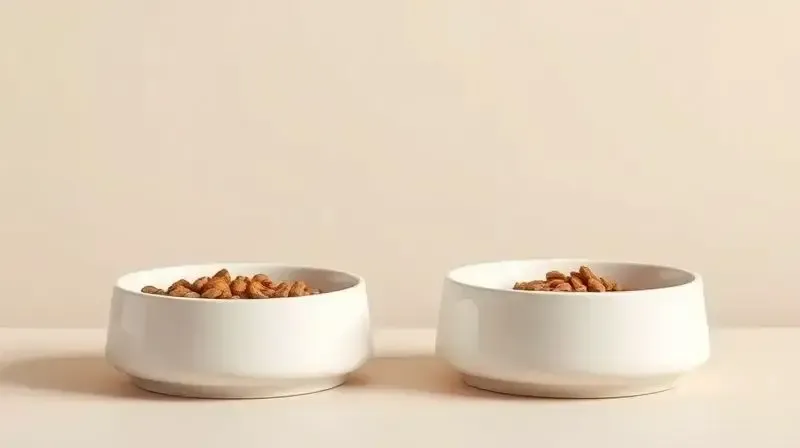 Duas tigelas de ração lado a lado, uma com porção controlada para gatos castrados e outra com porção padrão, ilustrando a diferença.