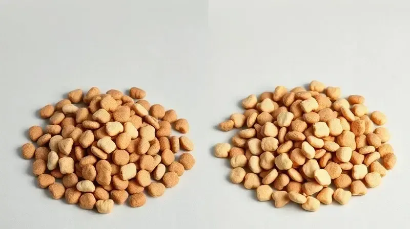 Comparativo visual entre as rações Nutrilus Pro e Nutrilus Prime, destacando as diferenças na aparência dos grãos de ração para pets.